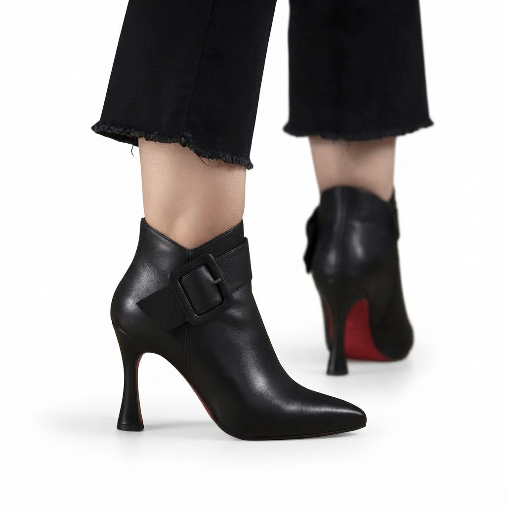 Pointed Toe Ankle Boots, Sculpted Heel Buckle Detail
