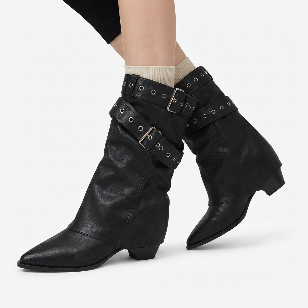 Slouch Cowboy Boots, Pointed Toe Buckle Strap Shaft