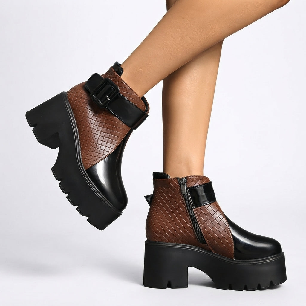 Platform Ankle Boots, Woven Faux Leather Buckle Strap