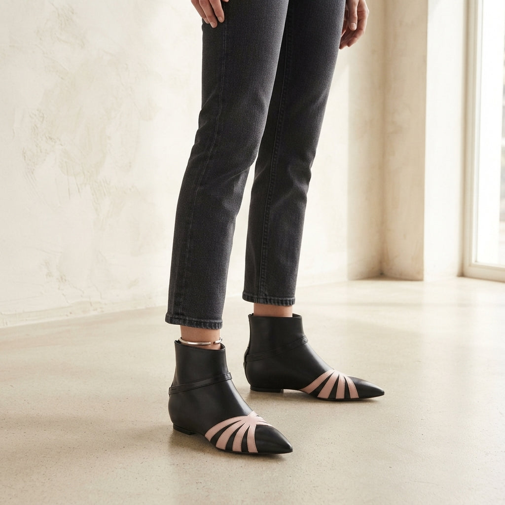 Geometric Panel Ankle Boots, Pointed Toe Buckle Strap