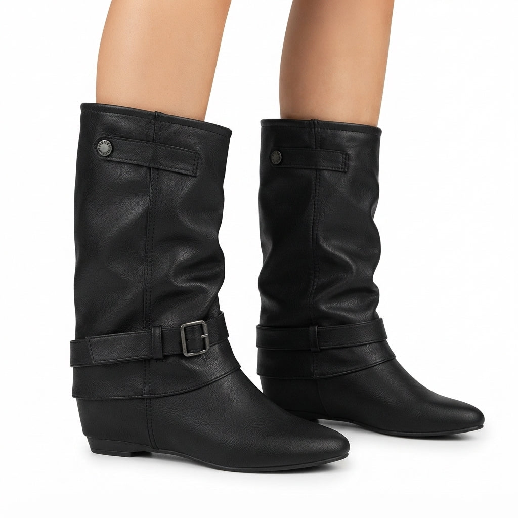 Slouch Boots with Buckle Strap and Hidden Wedge Heel