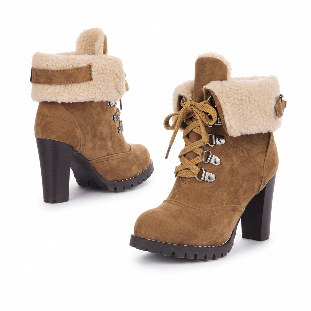 Faux Fur Collar Ankle Boots, Lace Up Chunky Block Heel