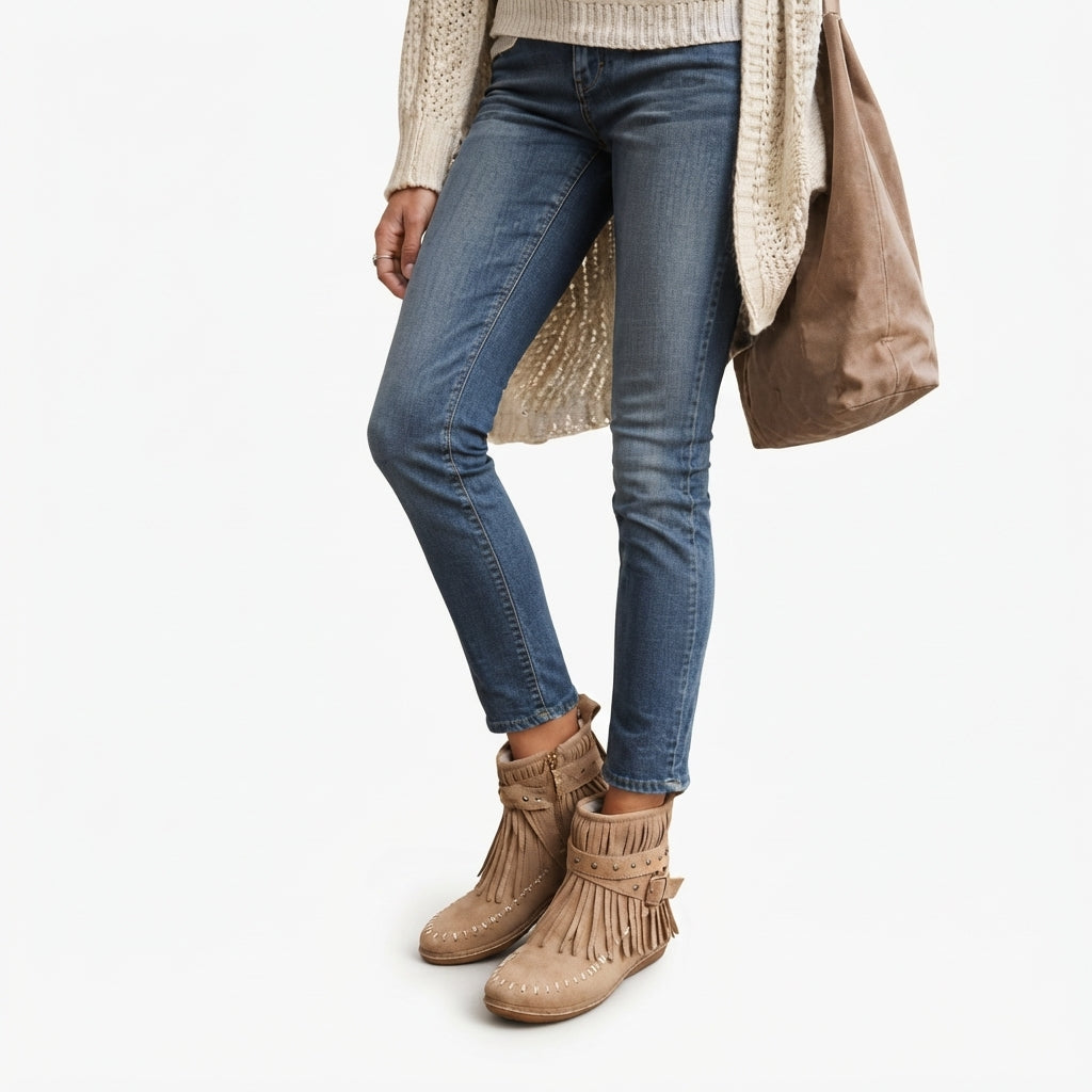 Suede Fringe Ankle Boots, Flat Moccasin Stitched Sole