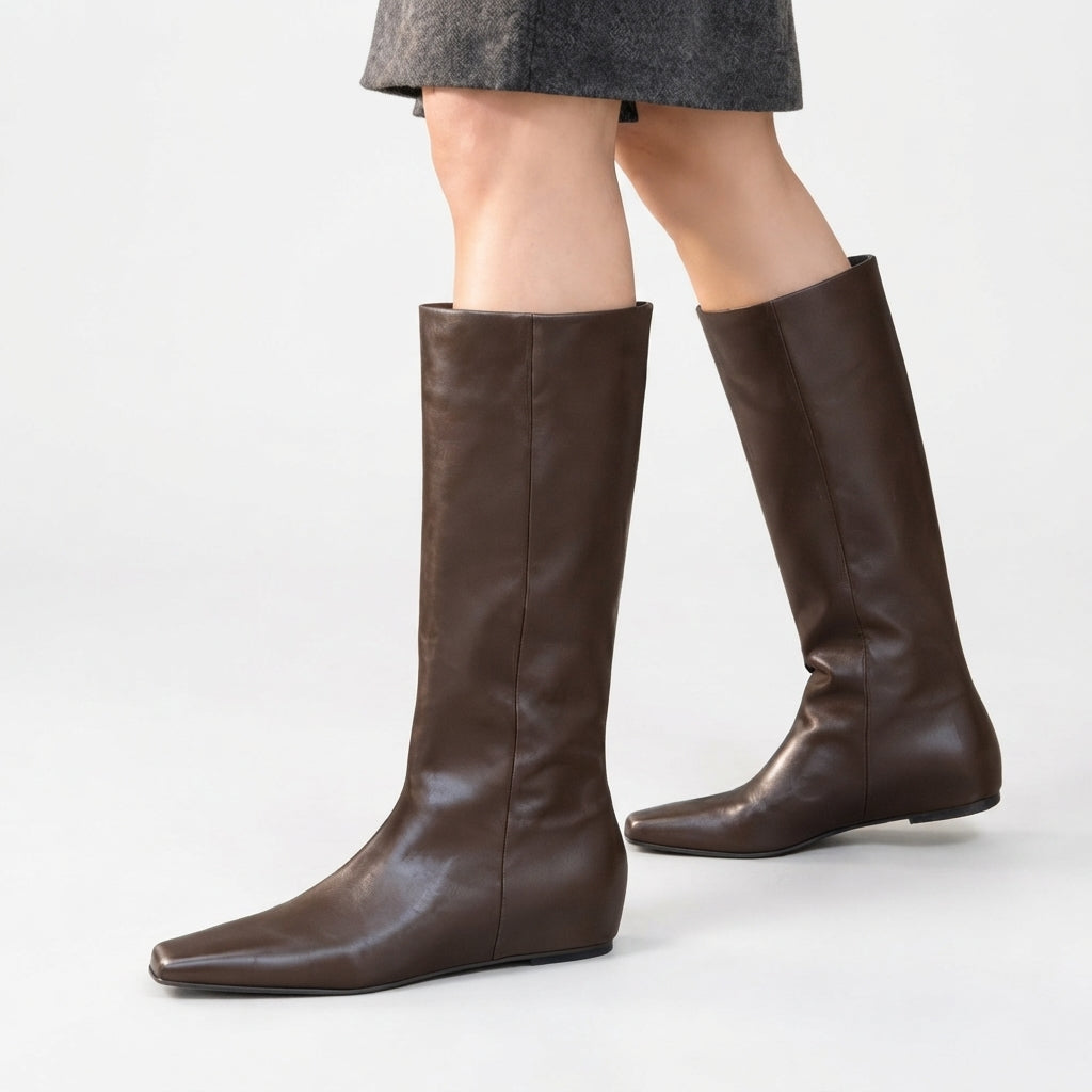 Knee High Square Toe Boots, Smooth Leather-Look Pull-On