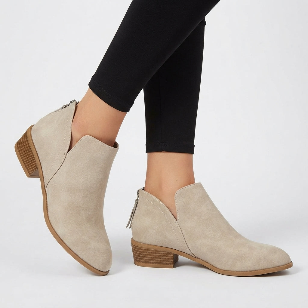 Pointed Toe Ankle Boots, Stacked Block Heel Suede Look