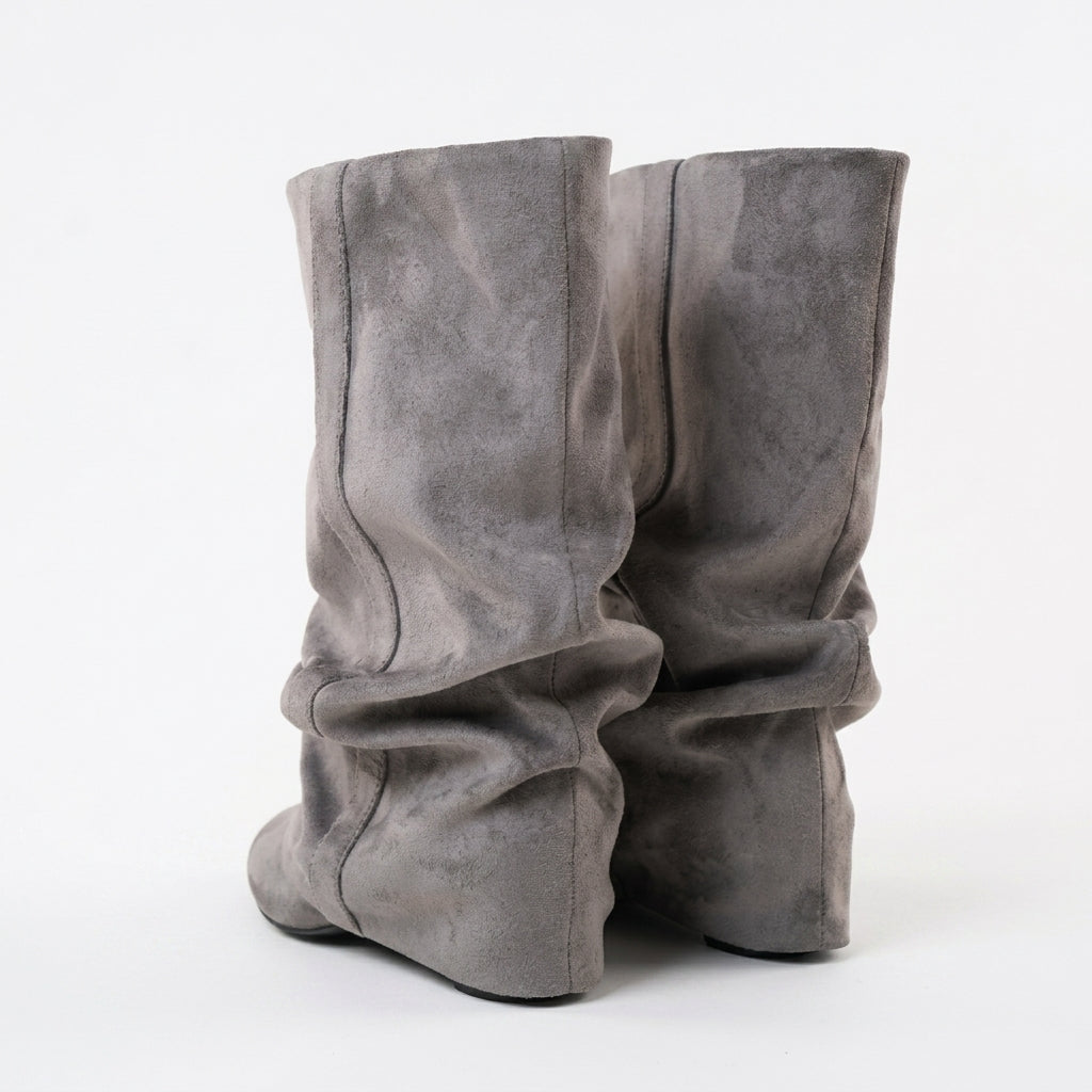 Slouch Suede Boots, Hidden Heel Round Toe Tall Shaft