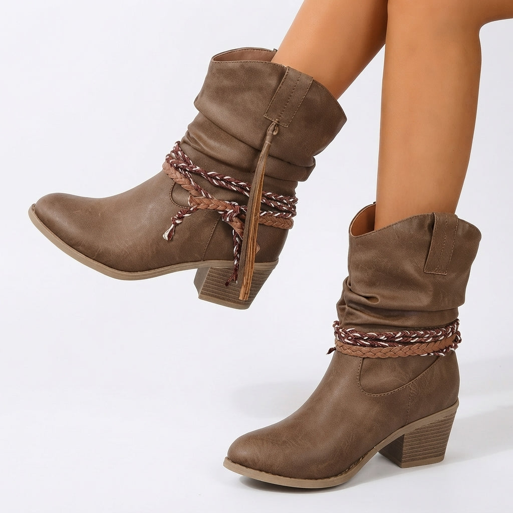 Slouch Western Boots, Braided Tassel Trim Block Heel