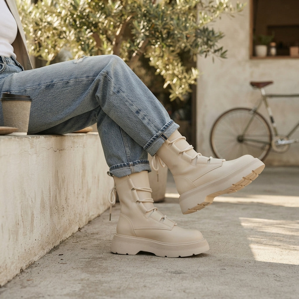 Lace Up Platform Combat Boots, Insulated Chunky Sole