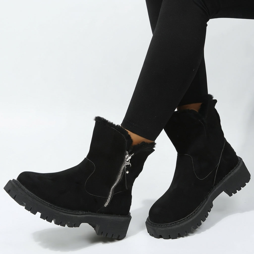 Faux Fur Trim Snow Boots, Side Zip and Lug Grip Sole