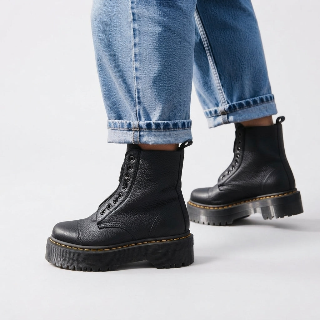 Front Zip Platform Combat Boots, Ridged Chunky Sole