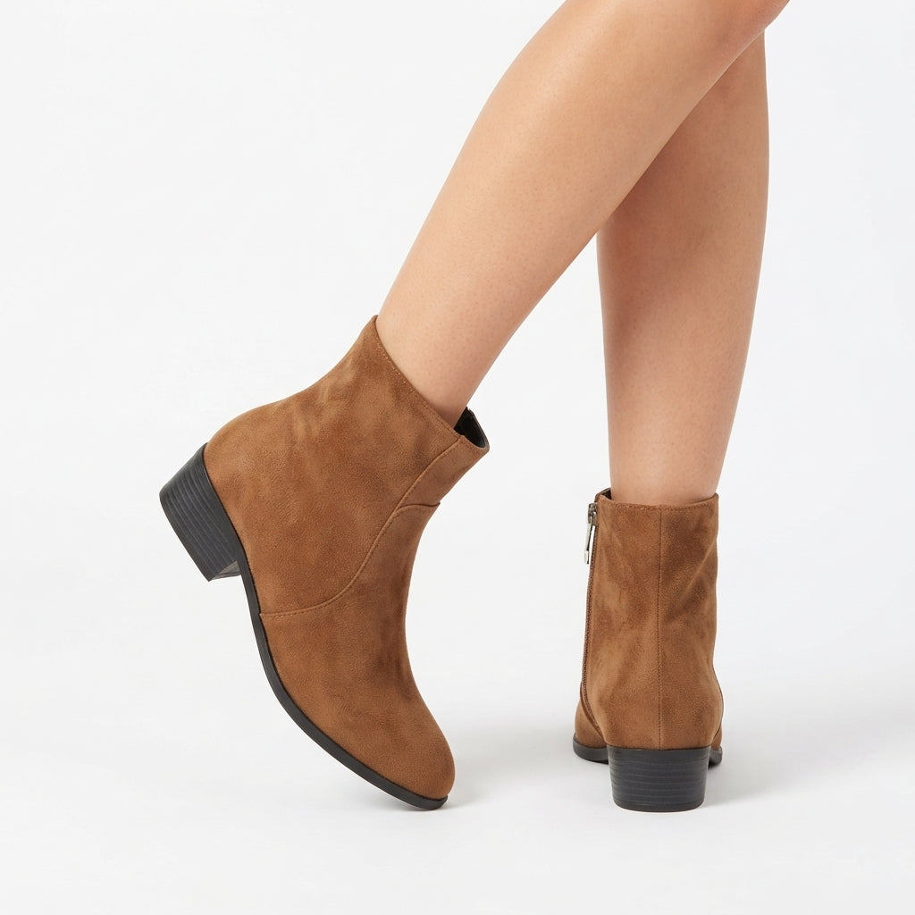 Suede Look Ankle Boots, Low Block Heel Side Zip Fit
