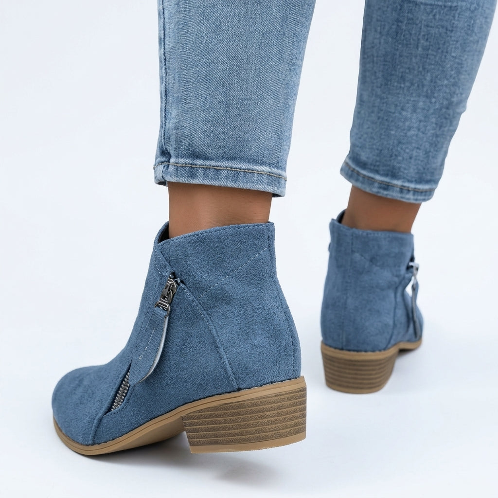 Zip Up Ankle Boots, Low Block Heel and Cushioned Sole
