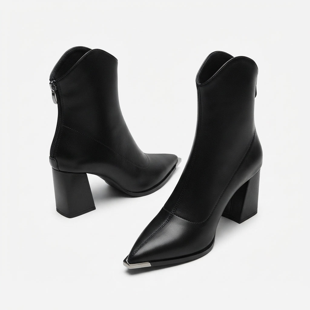 Chrome Tip Ankle Boots, Pointed Toe Block Heel Zip