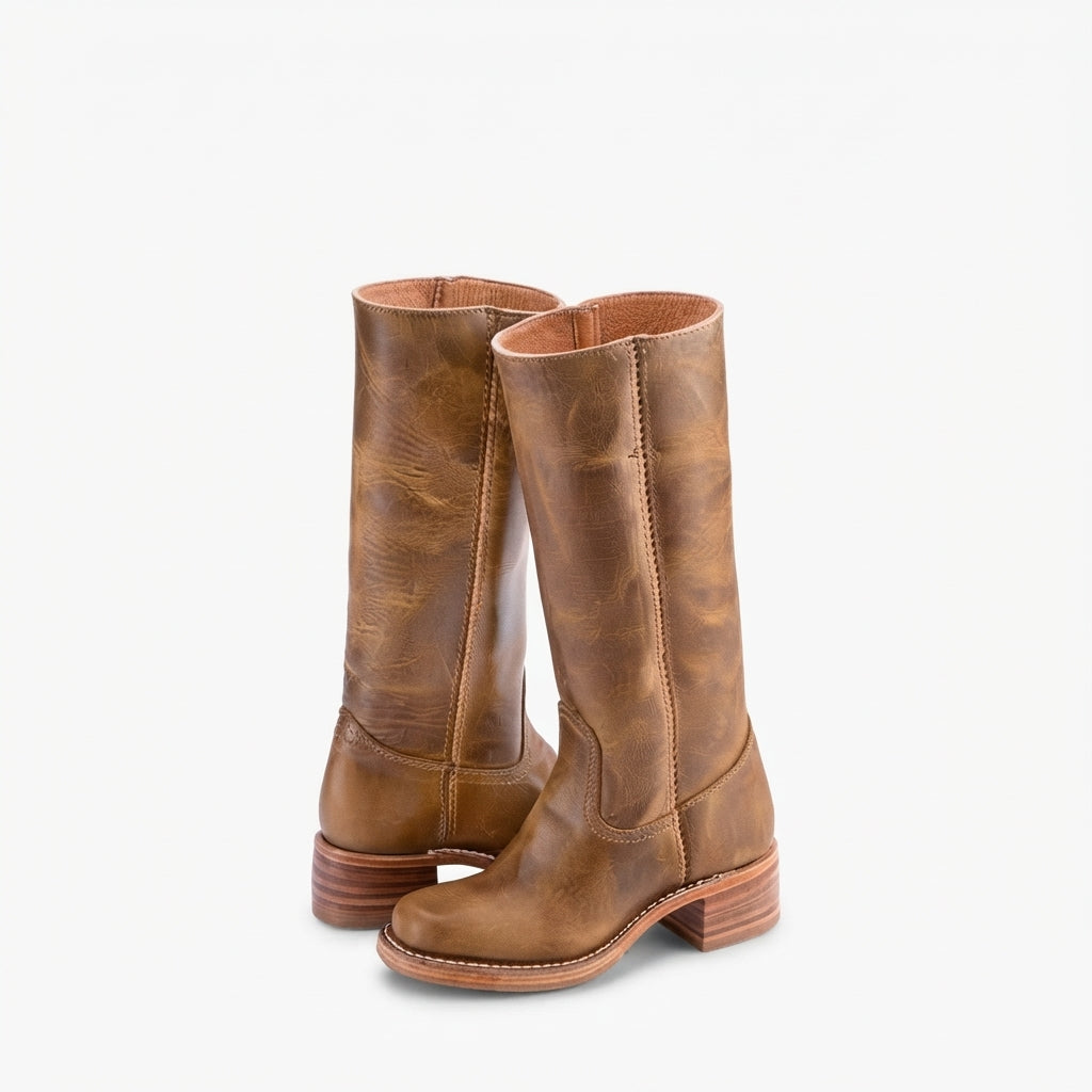 Leather Knee High Boots, Low Block Heel Zip Closure