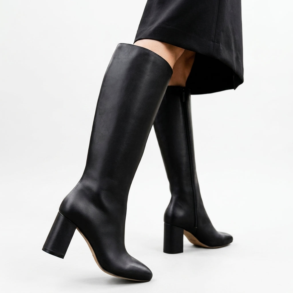 Heeled Knee High Leather Boots, Cushioned Side Zip
