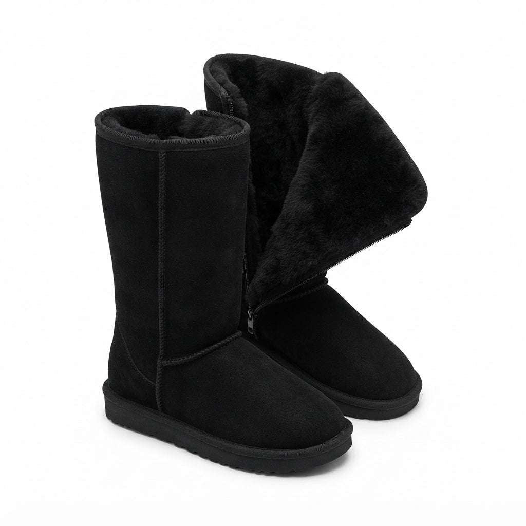Fleece Lined Knee High Winter Boots, Suede Look Zip