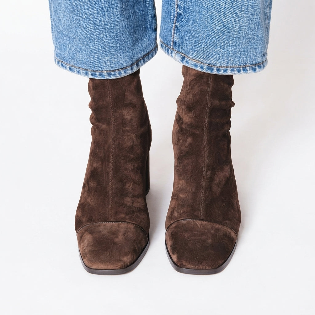Suede Ankle Boots, Square Toe Block Heel Slouchy Shaft