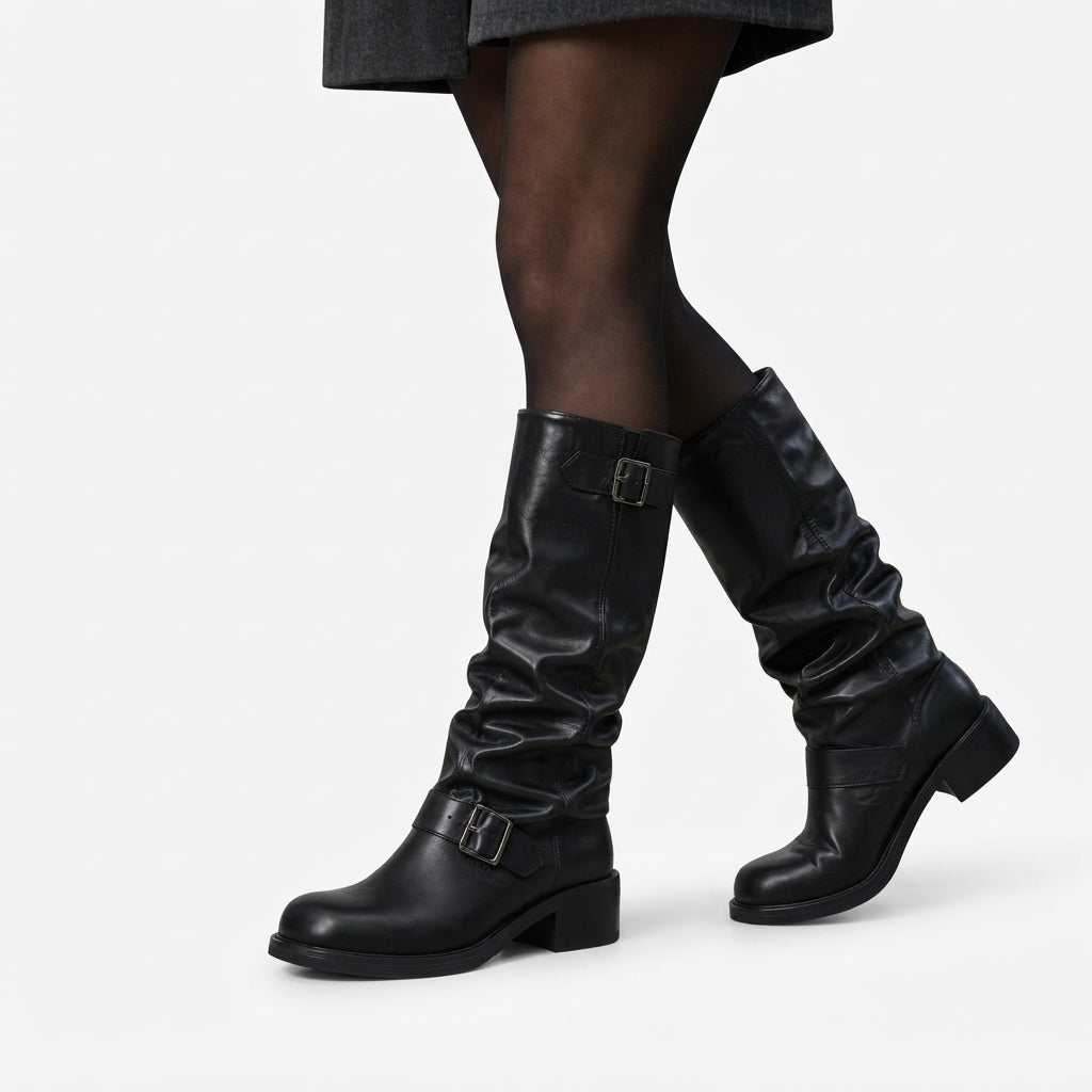 Slouchy Knee High Biker Boots, Double Buckle Straps