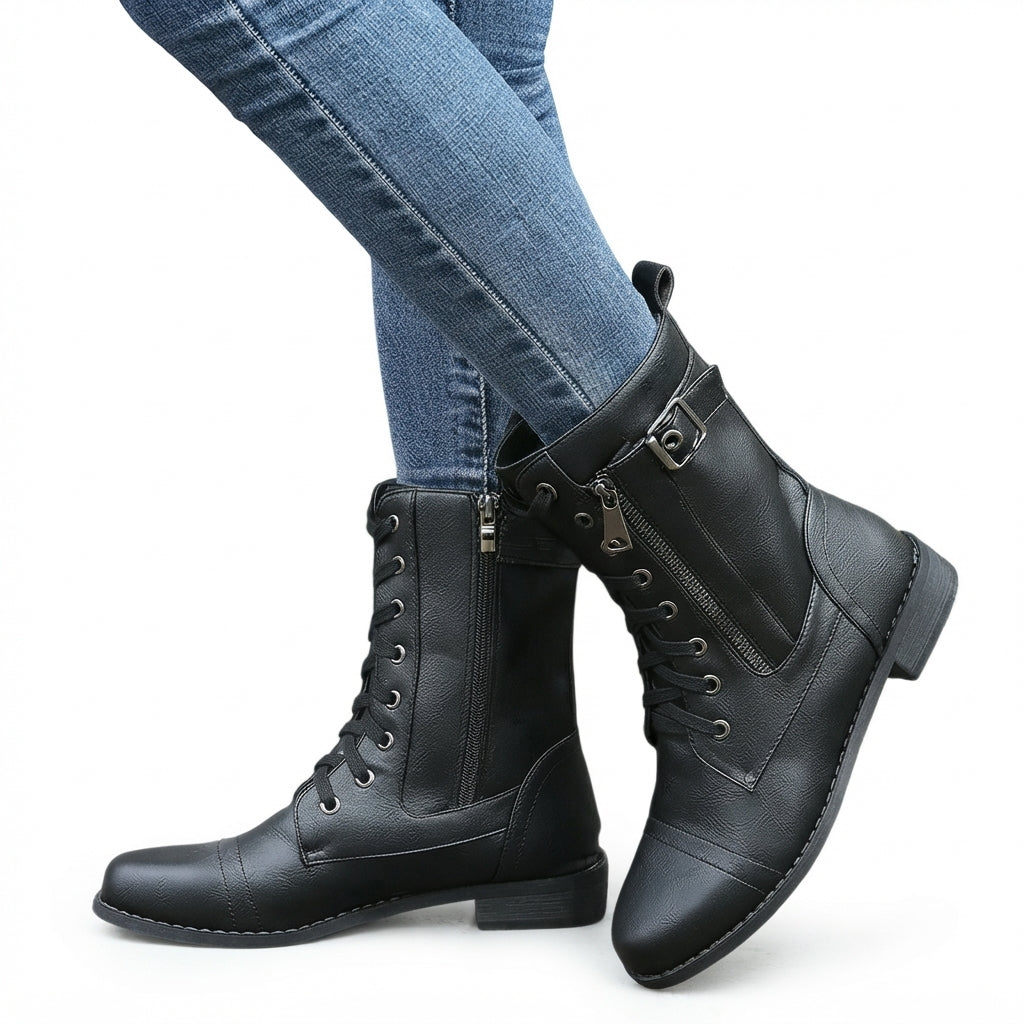 Faux Leather Biker Boots, Arch Support Buckle Strap