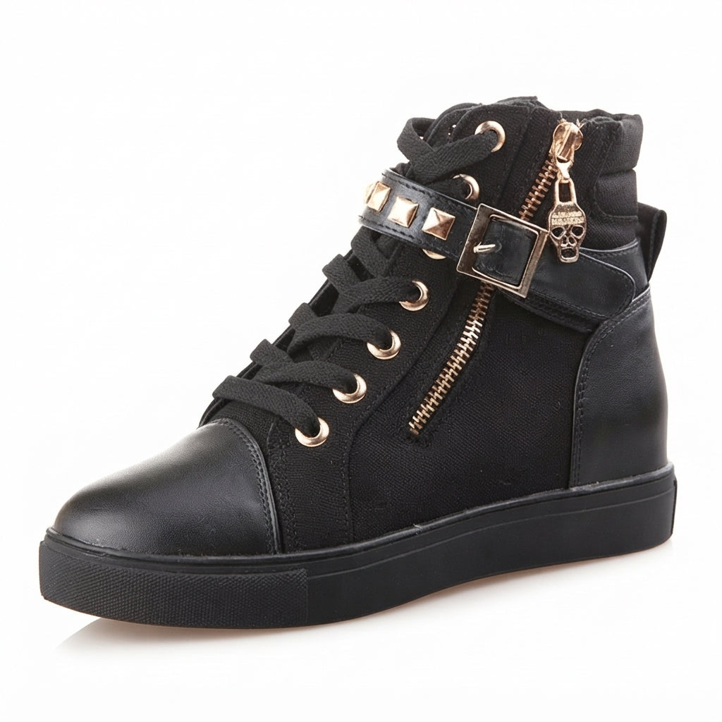 High-Top Studded Trainers, Canvas Side Zip Sneakers