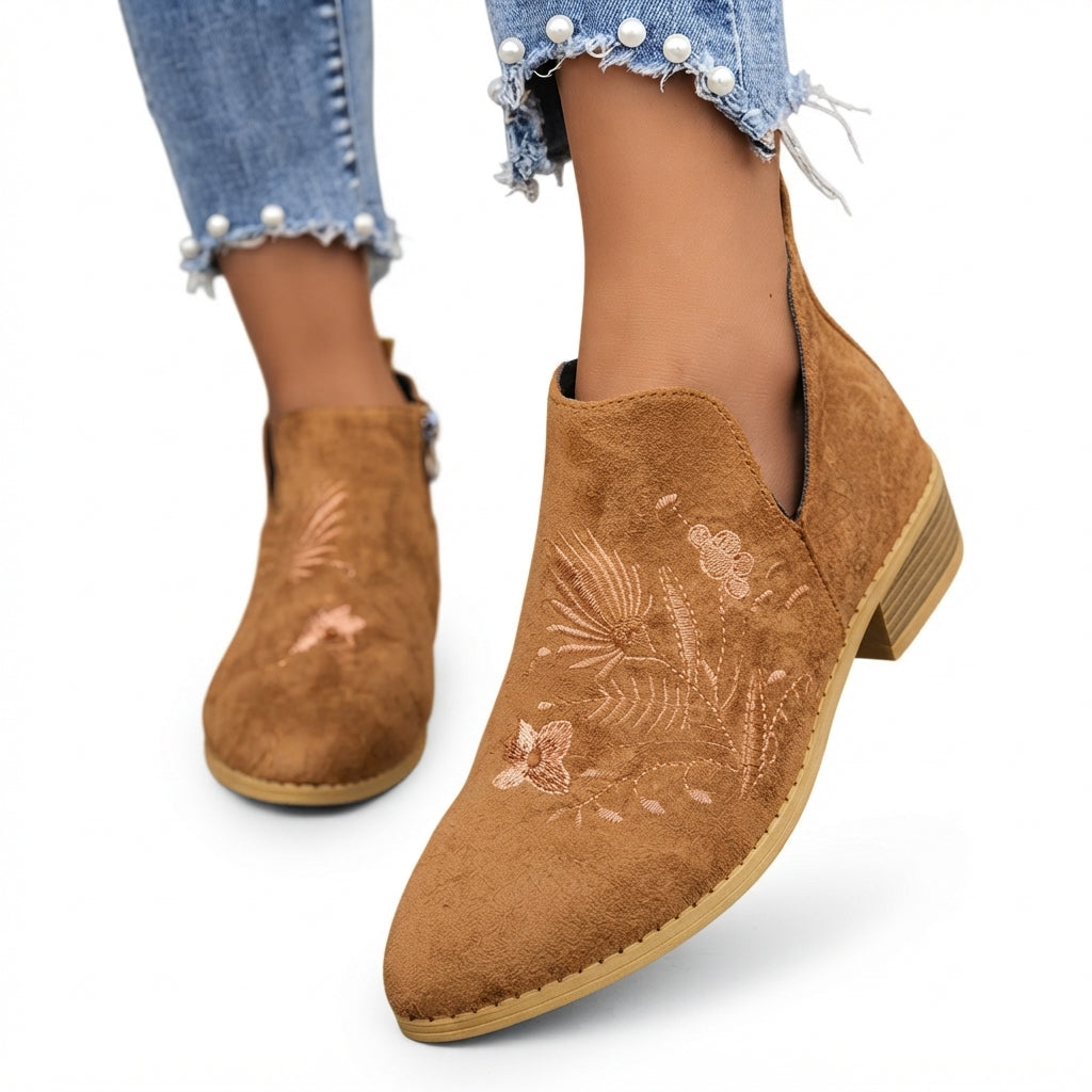 Embroidered Suede Ankle Boots, Low Block Heel Shape