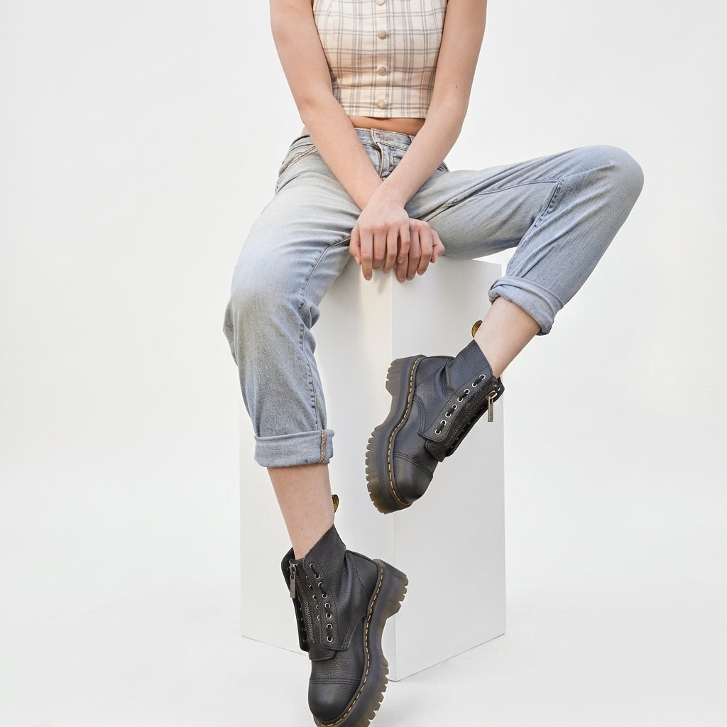 Grained Leather Combat Boots, Chunky Platform Zip Up