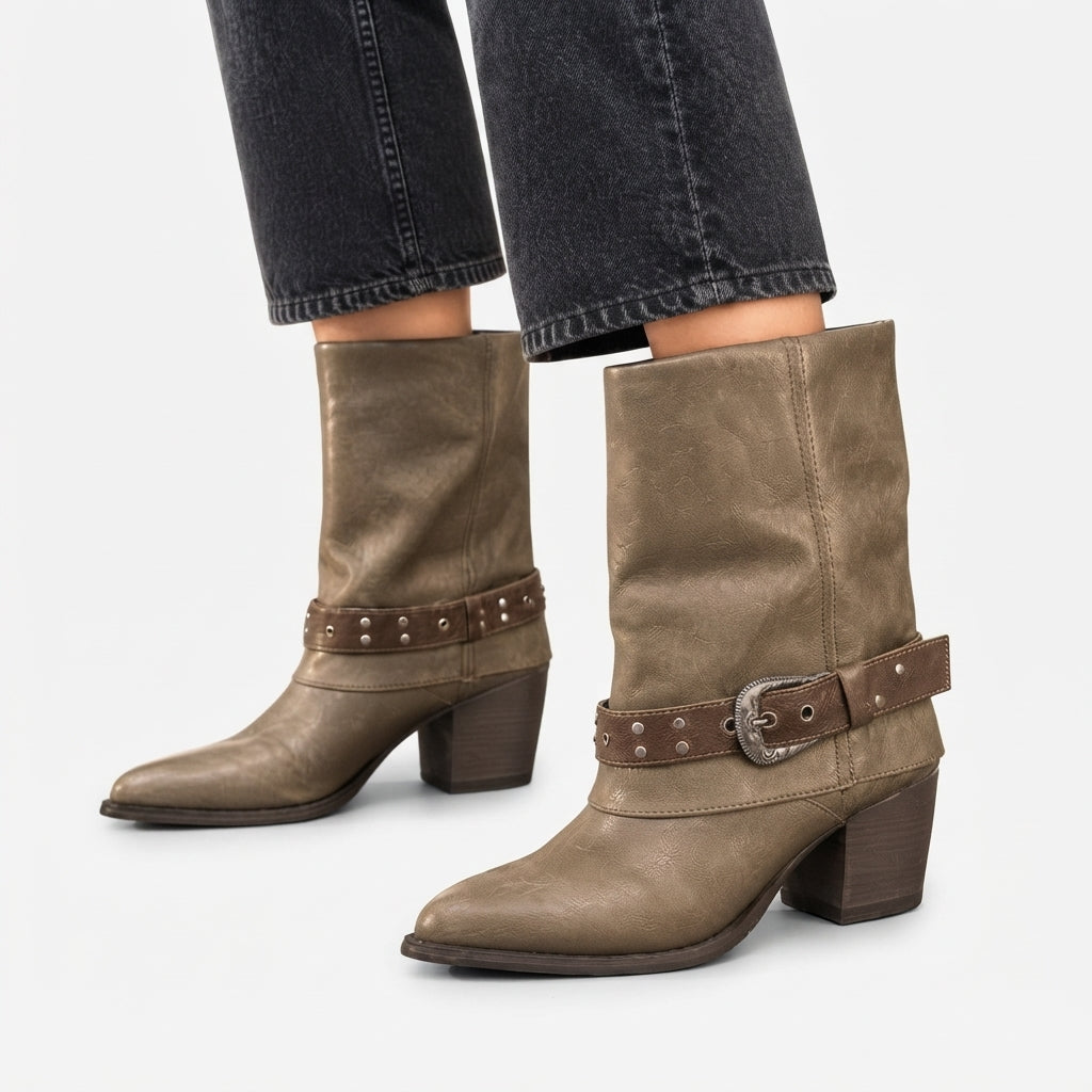 Slouch Cowboy Boots, Mid Calf Studded Buckle Pull On