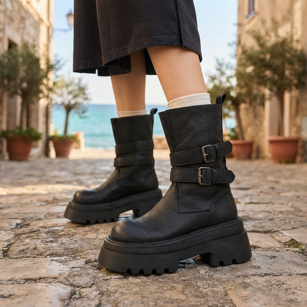 Platform Biker Boots with Double Buckle Ankle Straps