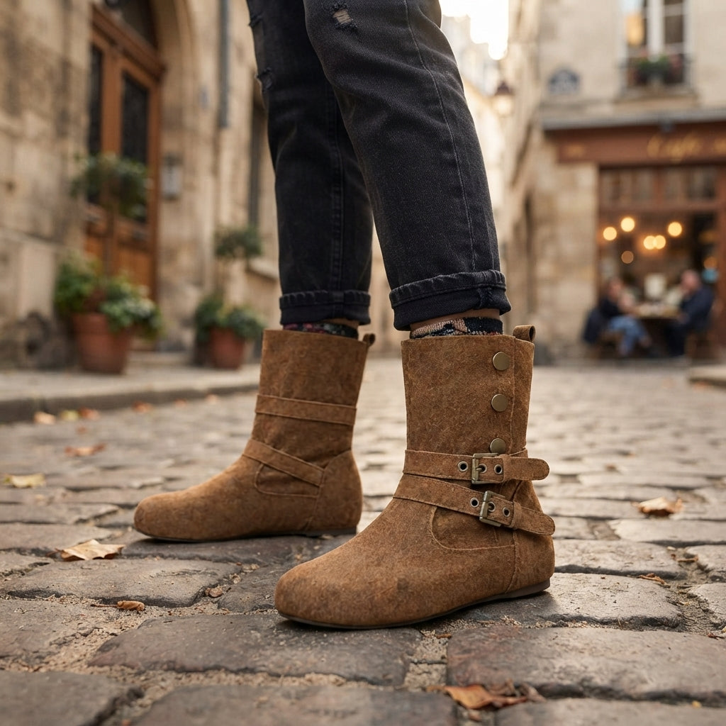 Suede Biker Boots, Double Buckle Mid-Calf Flat Sole