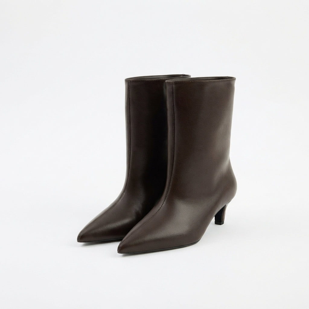 Leather Kitten Heel Ankle Boots, Smooth Sleek Pointed Toe