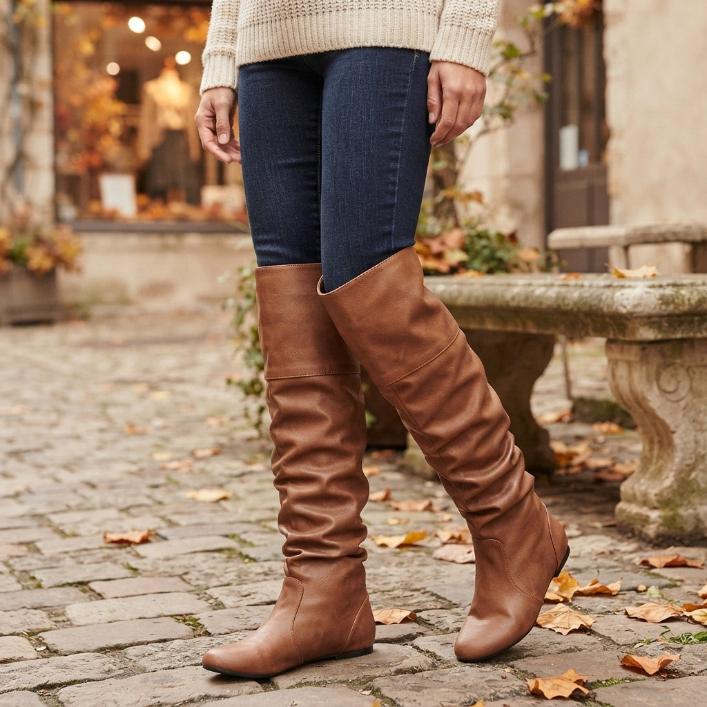 Ruched Leather Cowboy Boots, Pull-On with Rounded Toe