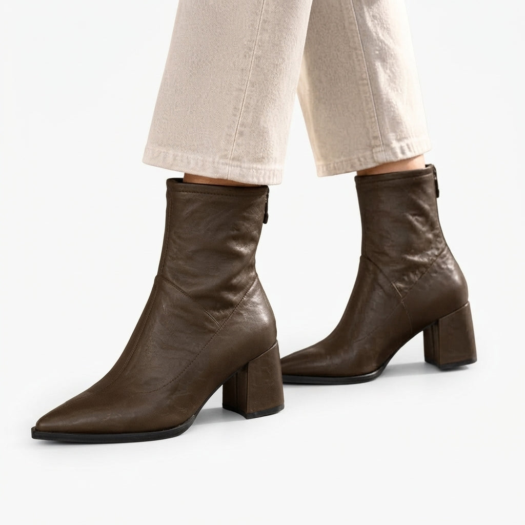 Pointed Toe Heeled Ankle Boots with Rear Zip Closure