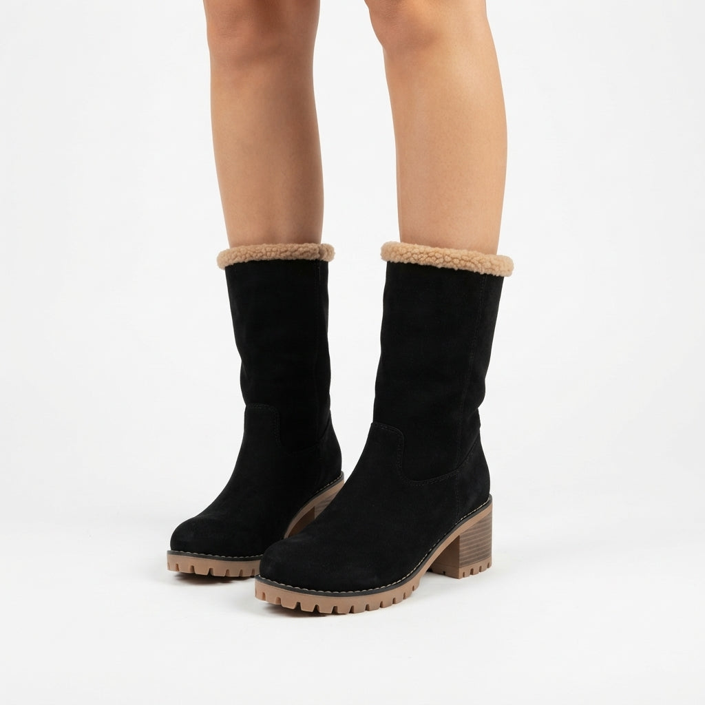 Shearling Cuff Ankle Boots, Block Heel Treaded Sole