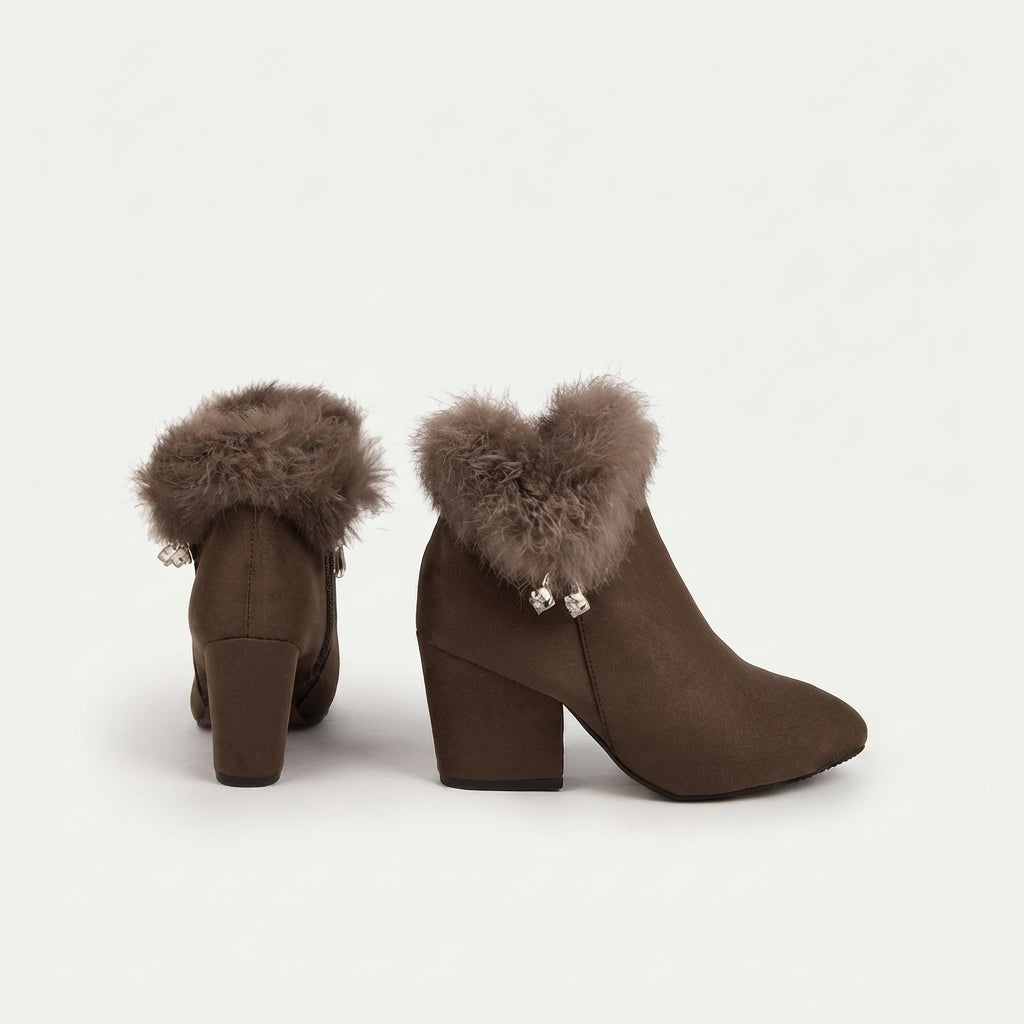 Fur Collar Ankle Boots, Block Heel Zip Up Winter Wear