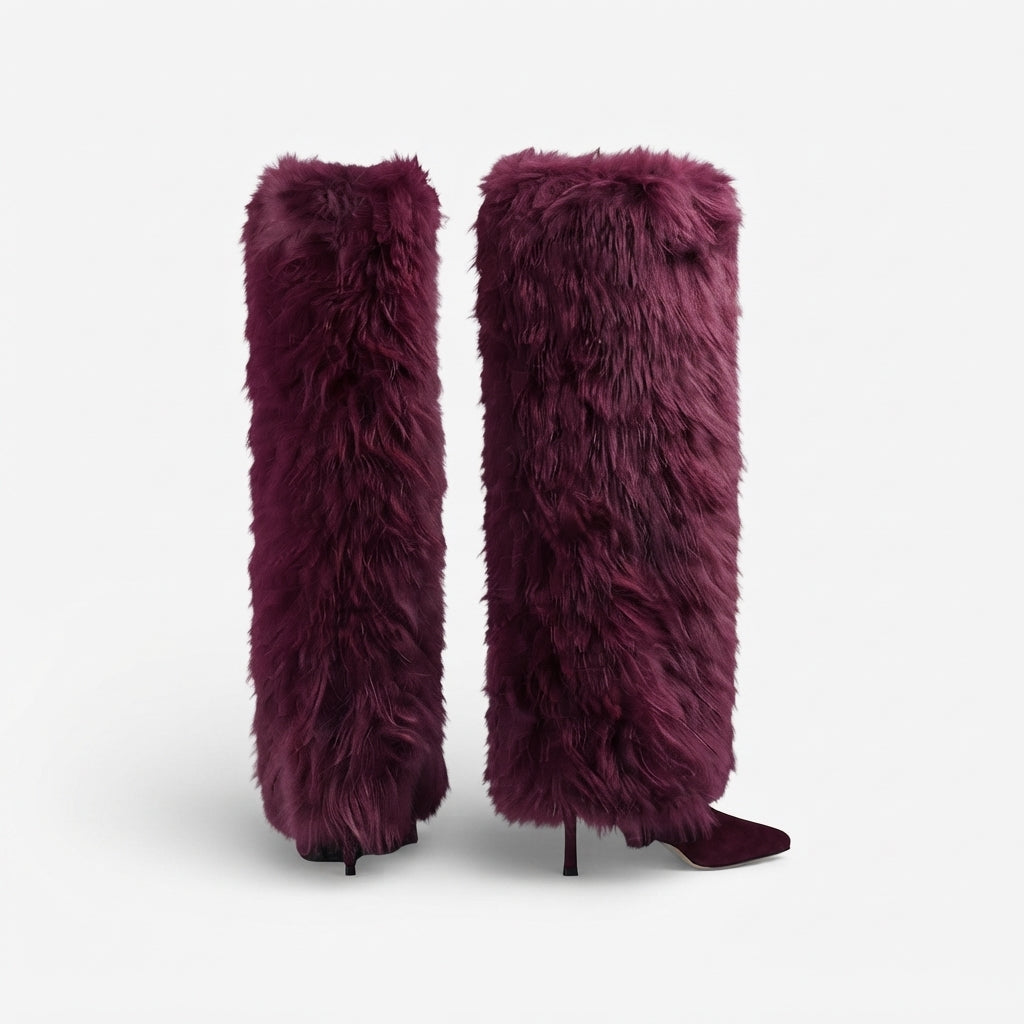 Faux Fur Knee High Boots, Stiletto Heel Pointed Toe