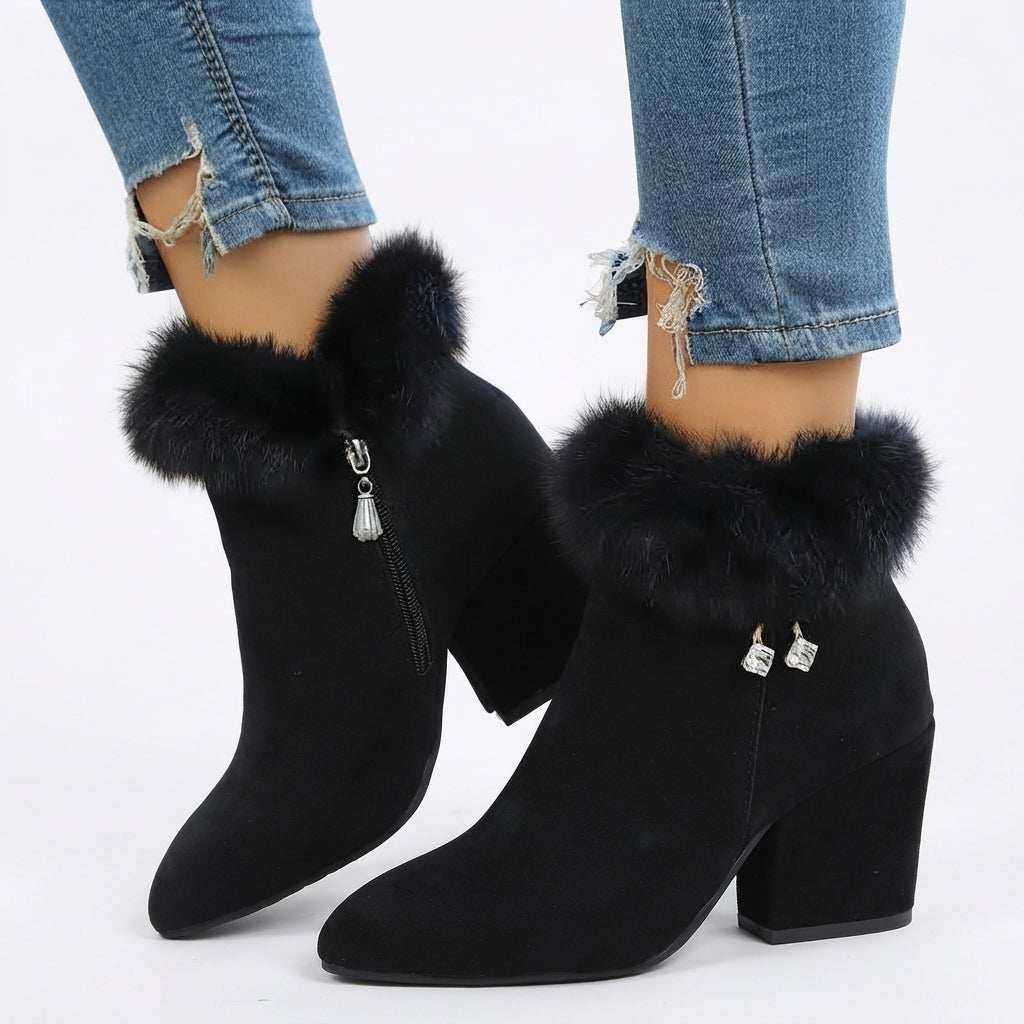 Faux Fur Trim Ankle Boots, Block Heel Warm Side Zip