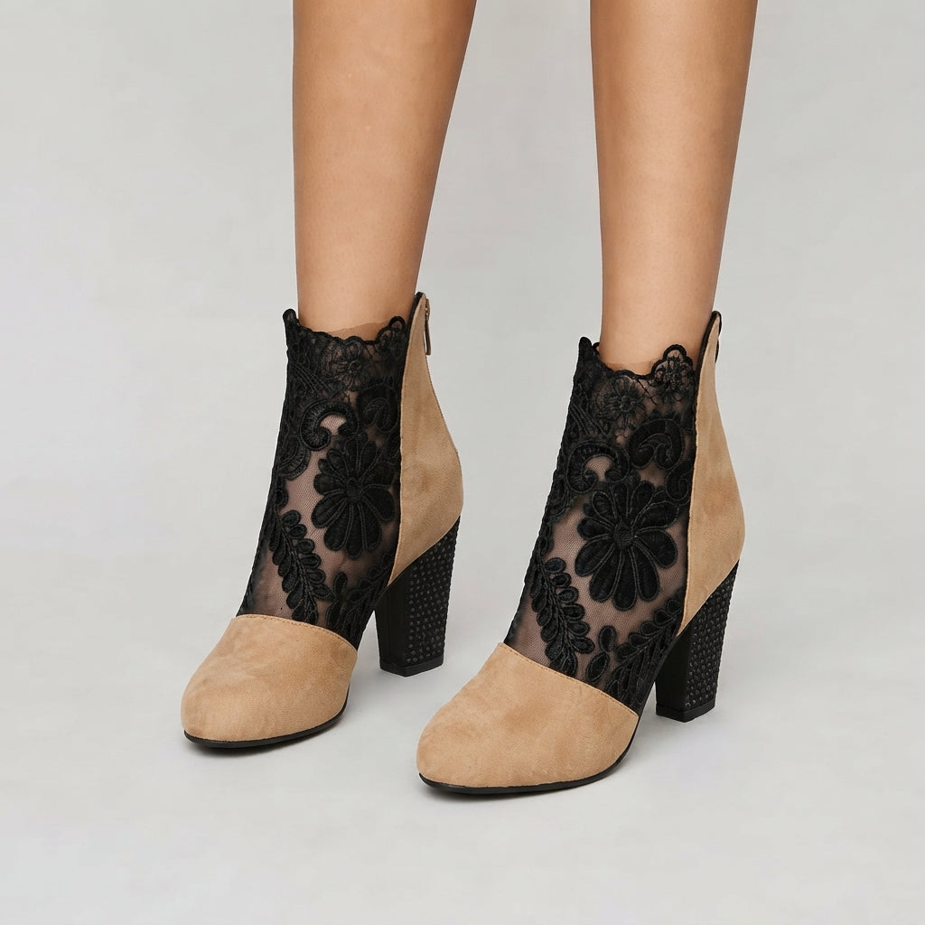 Floral Lace Ankle Boots, Wide Block Heel Padded Insole