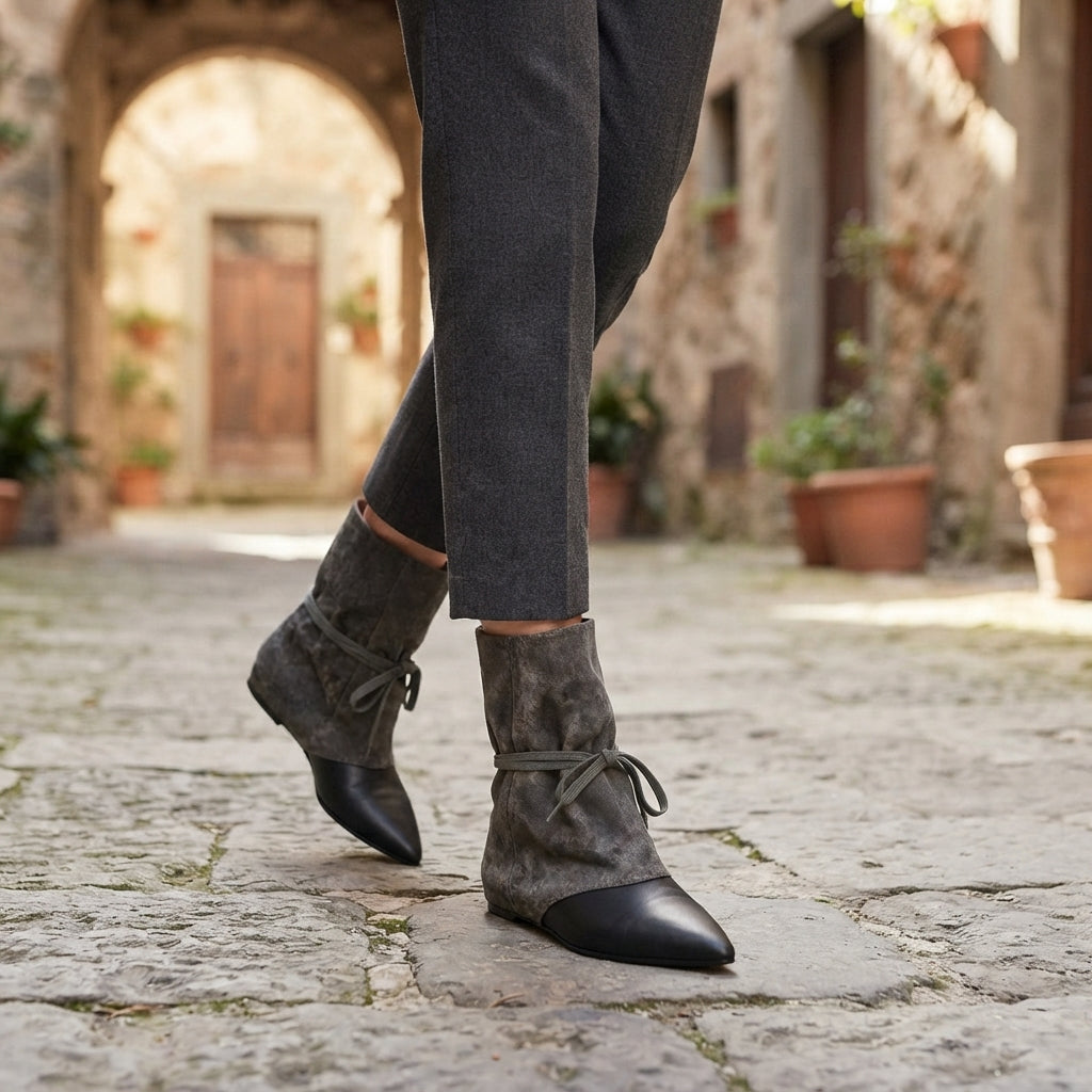 Suede Slouch Boots, Pointed Toe Wraparound Lace Ties