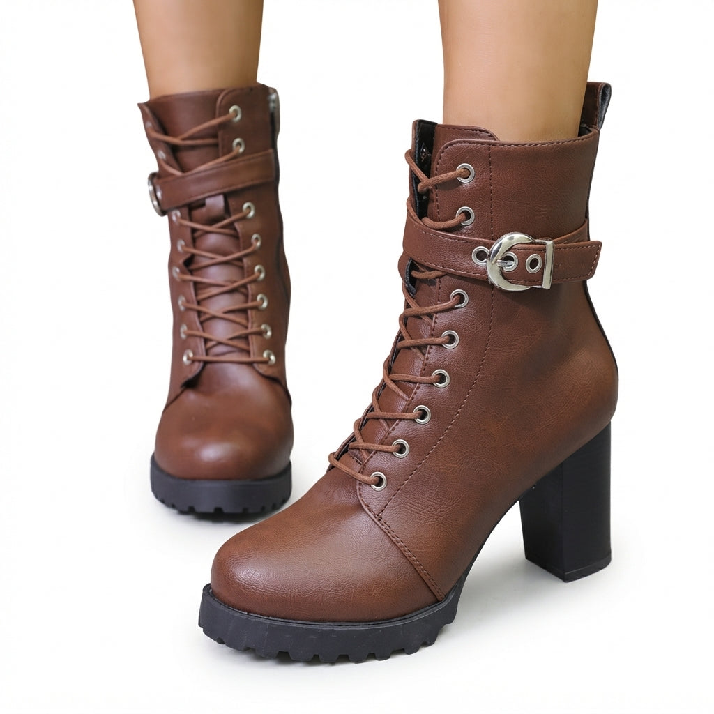 Block Heel Combat Boots, Full Lace-Up with Lug Sole