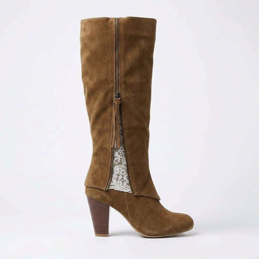 Knee High Boots with Lace Inset Zip and Folded Cuff