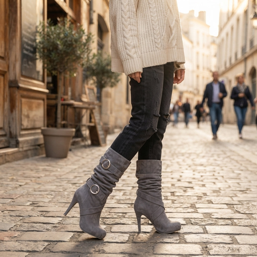 Suede Knee High Boots, Stiletto Heel Ring Buckle Zip