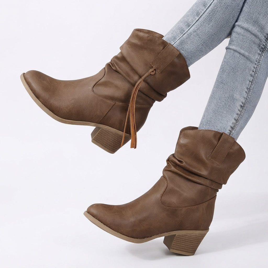 Slouch Western Boots, Braided Tassel Trim Block Heel