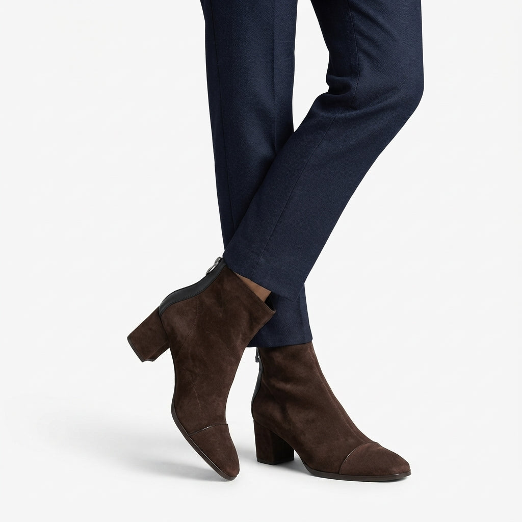Brown Suede Ankle Boots, Block Heel Cushioned Interior