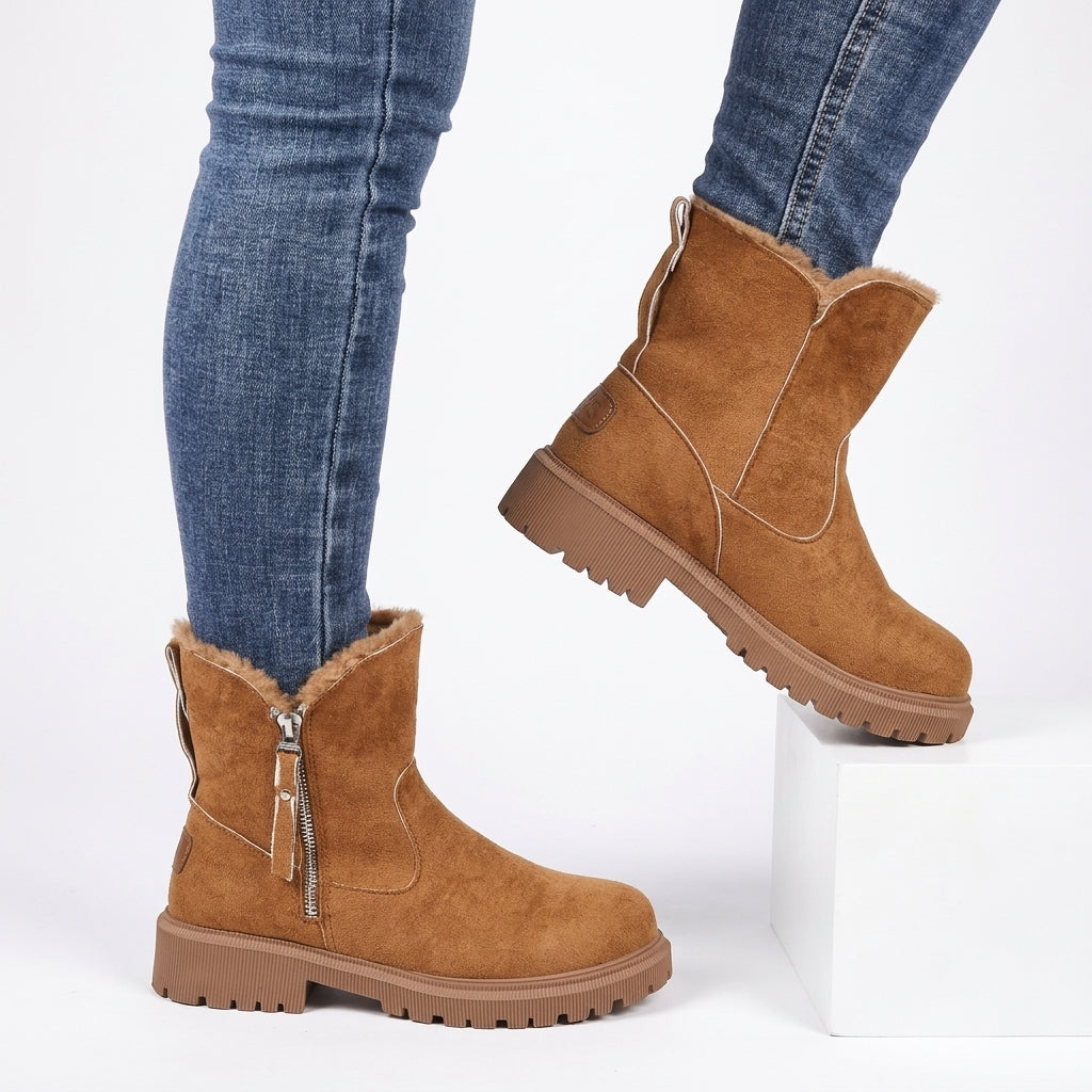Suede Ankle Boots, Chunky Lug Sole and Fur Trim Cuff