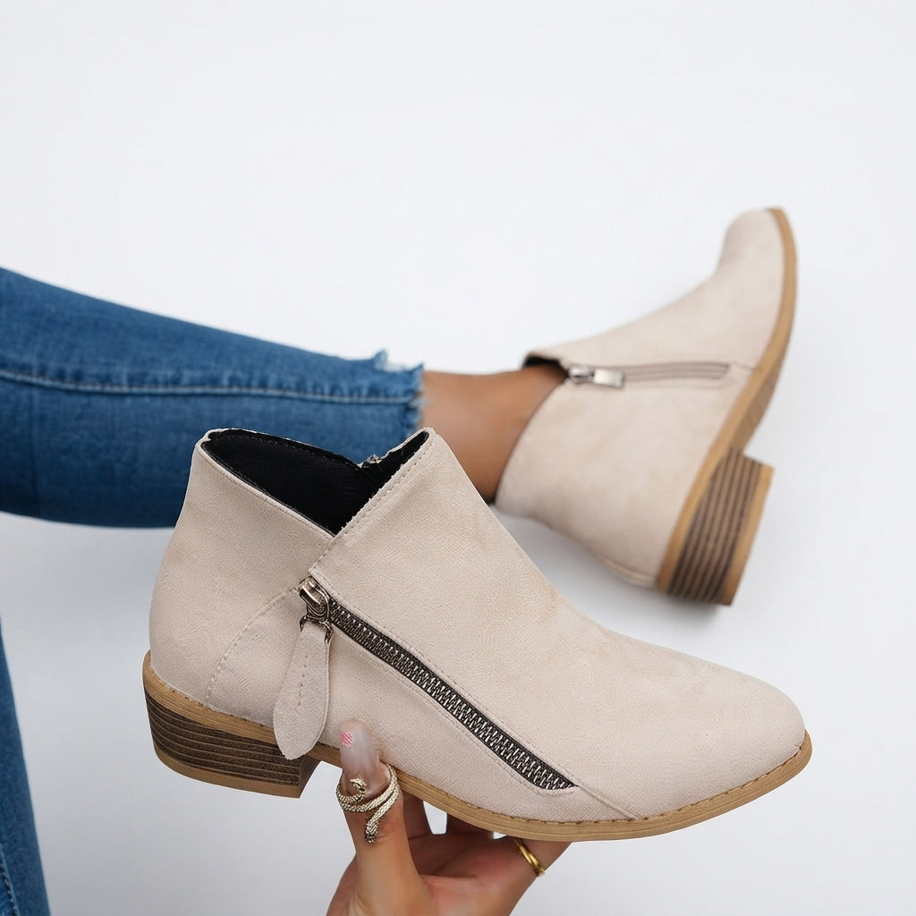 Round Toe Ankle Boots, Stacked Block Heel Side Zip