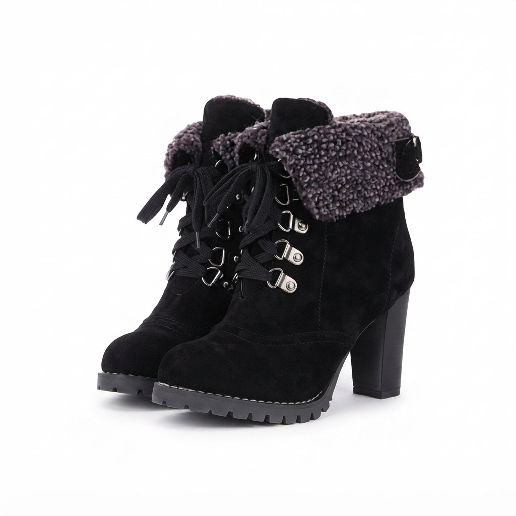 Faux Fur Collar Ankle Boots, Lace Up Chunky Block Heel