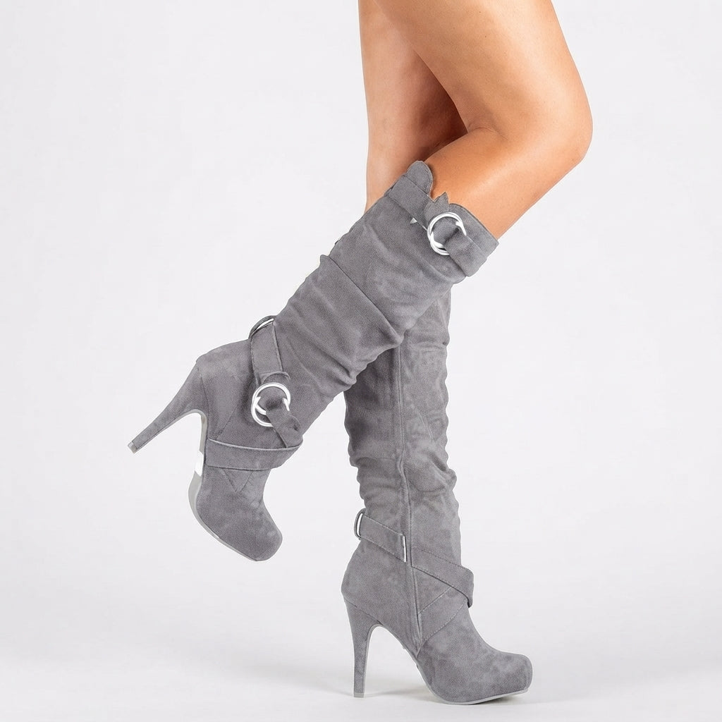 Suede Knee High Boots, Stiletto Heel Ring Buckle Zip