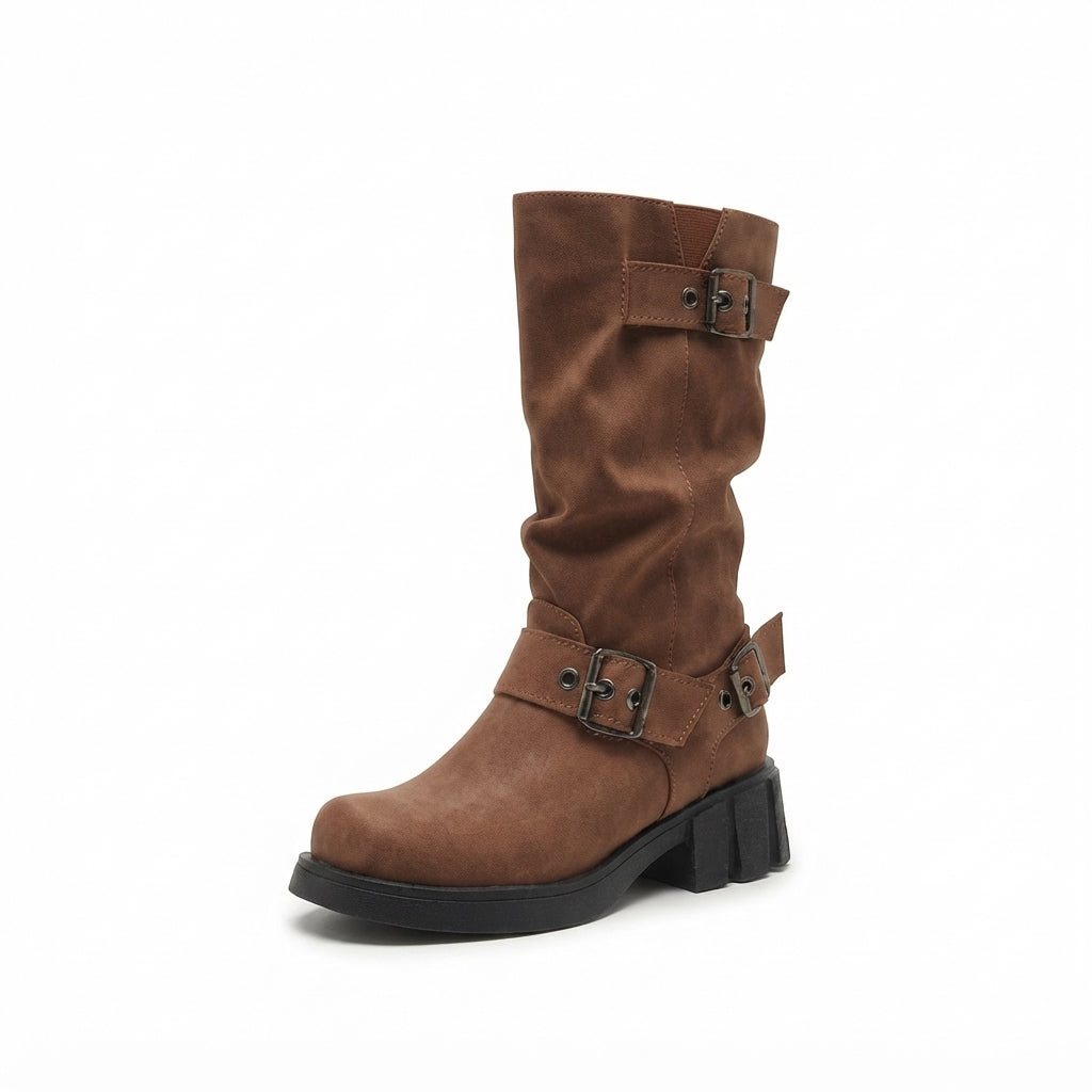 Buckle Strap Biker Boots, Chunky Lug Sole Cushioned