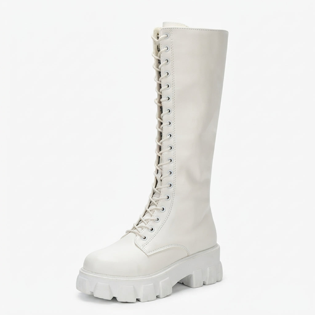 Platform Combat Boots, Knee High Lace Up Chunky Sole