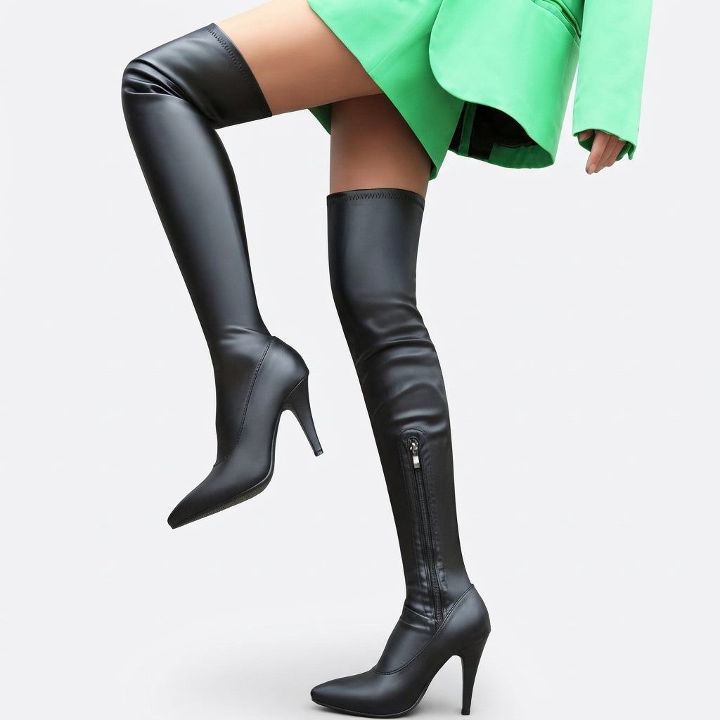 Over The Knee Stiletto Boots, Pointed Toe Side Zip